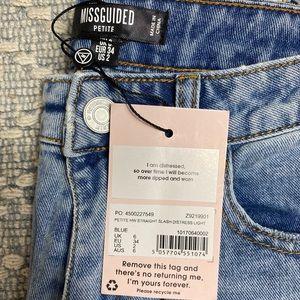 Petite Straight Leg, High Waisted Distressed Denim